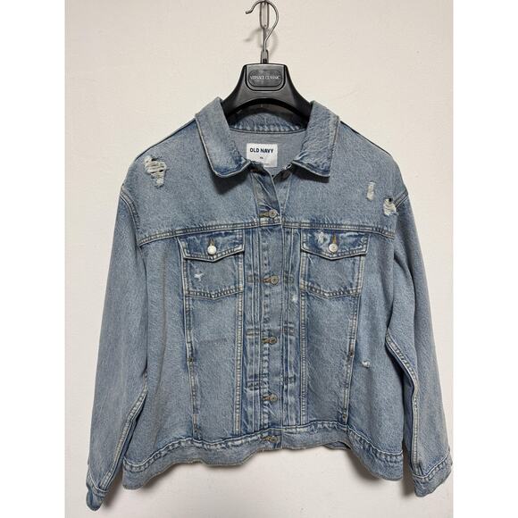 Old Navy Denim Jacket Womens 2XL Light Wash Distressed Trucker Button Front - Picture 1 of 11